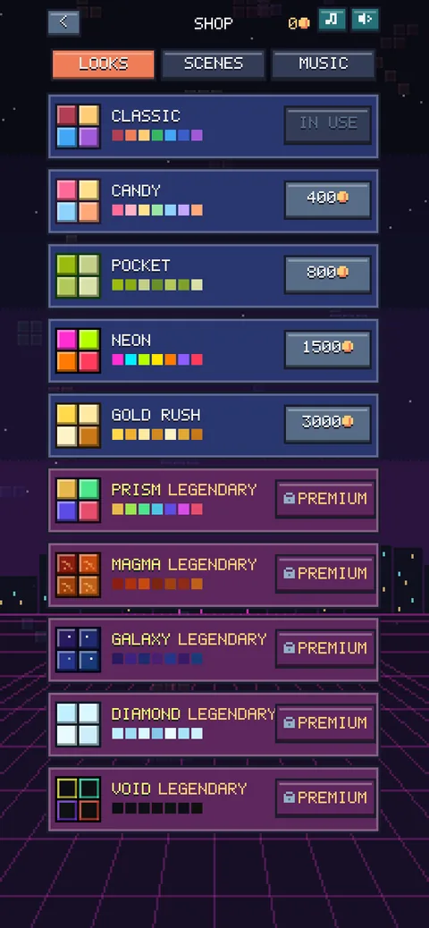 The shop with block skins bought with coins