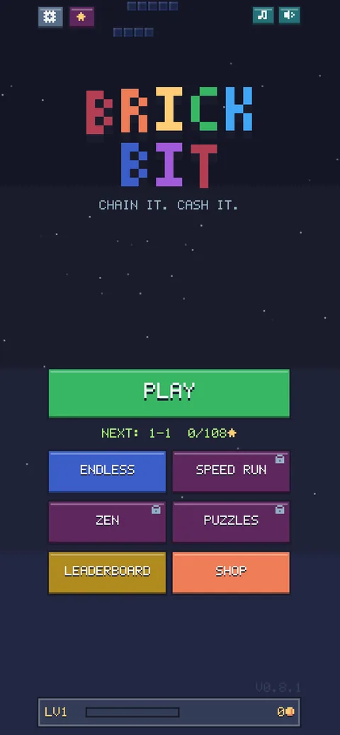 The Brickbit title screen and game modes