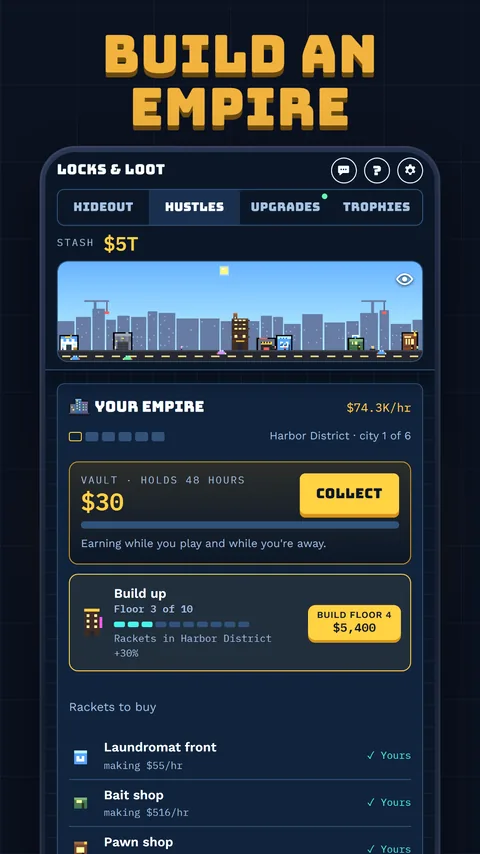 Building a racket empire that earns while you are away