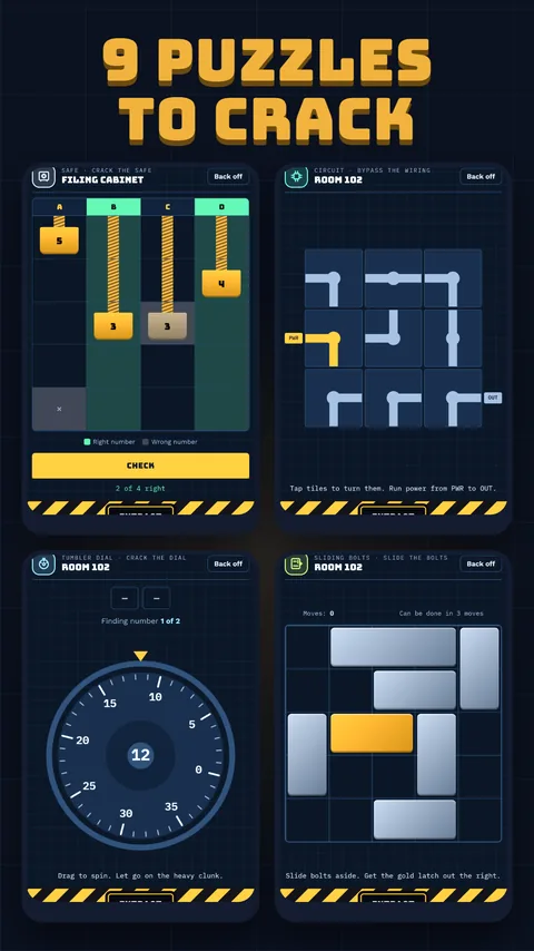 Four of the nine puzzle types: safe, wiring, dial and sliding bolts
