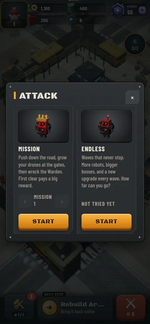 Choosing between a Mission and Endless mode
