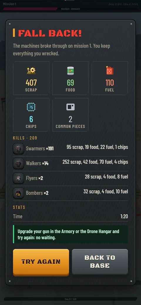 Mission results with scrap, food, fuel and robots wrecked